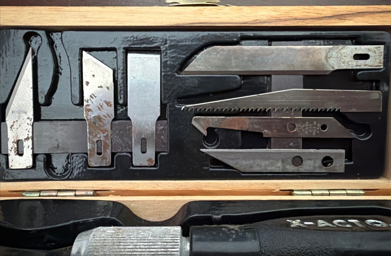 Vintage X-ACTO Wood Carving Knife Set w/ Wood Box Incomplete Original Handle USA