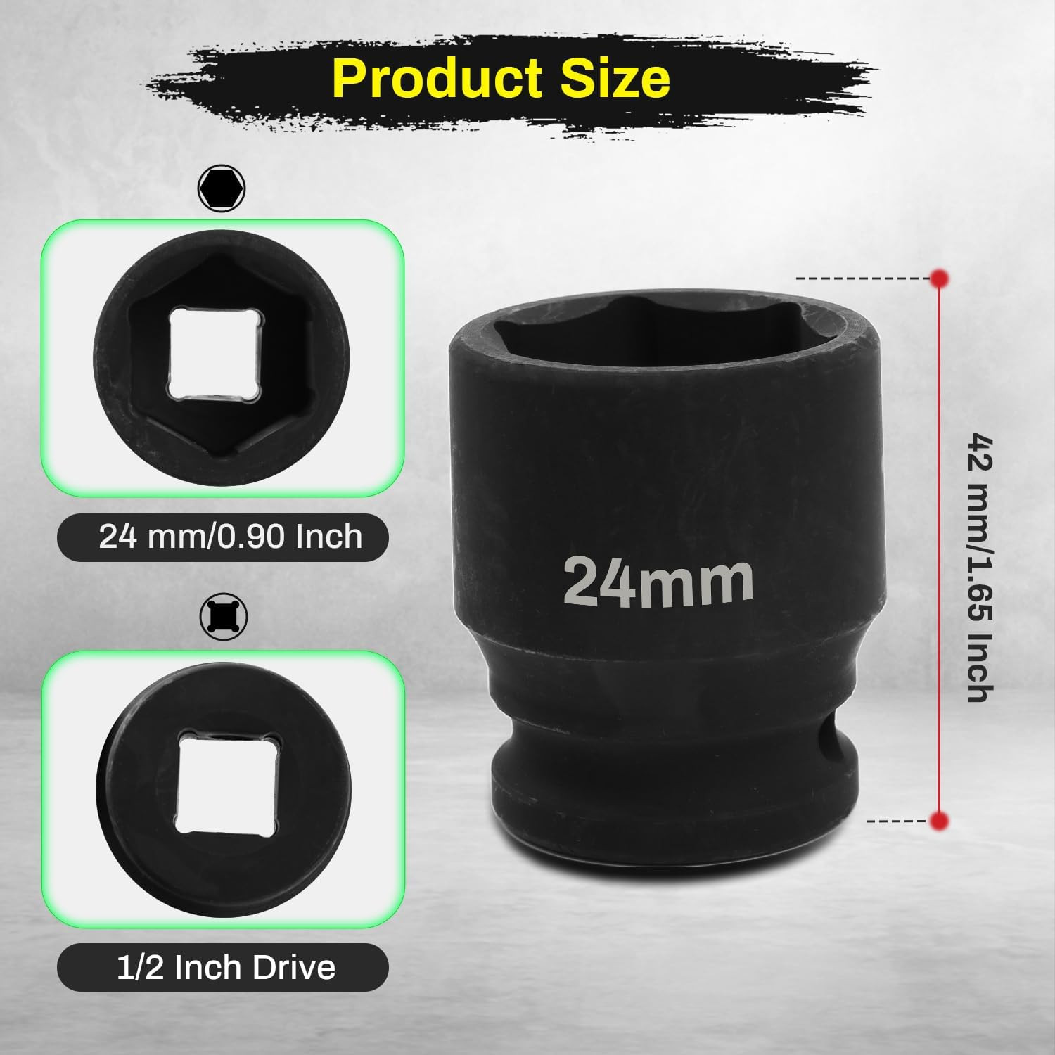 1/2 Inch Drive 24Mm Deep Impact Socket, CR-MO 6 Point Heavy Duty Metric Axle Nu