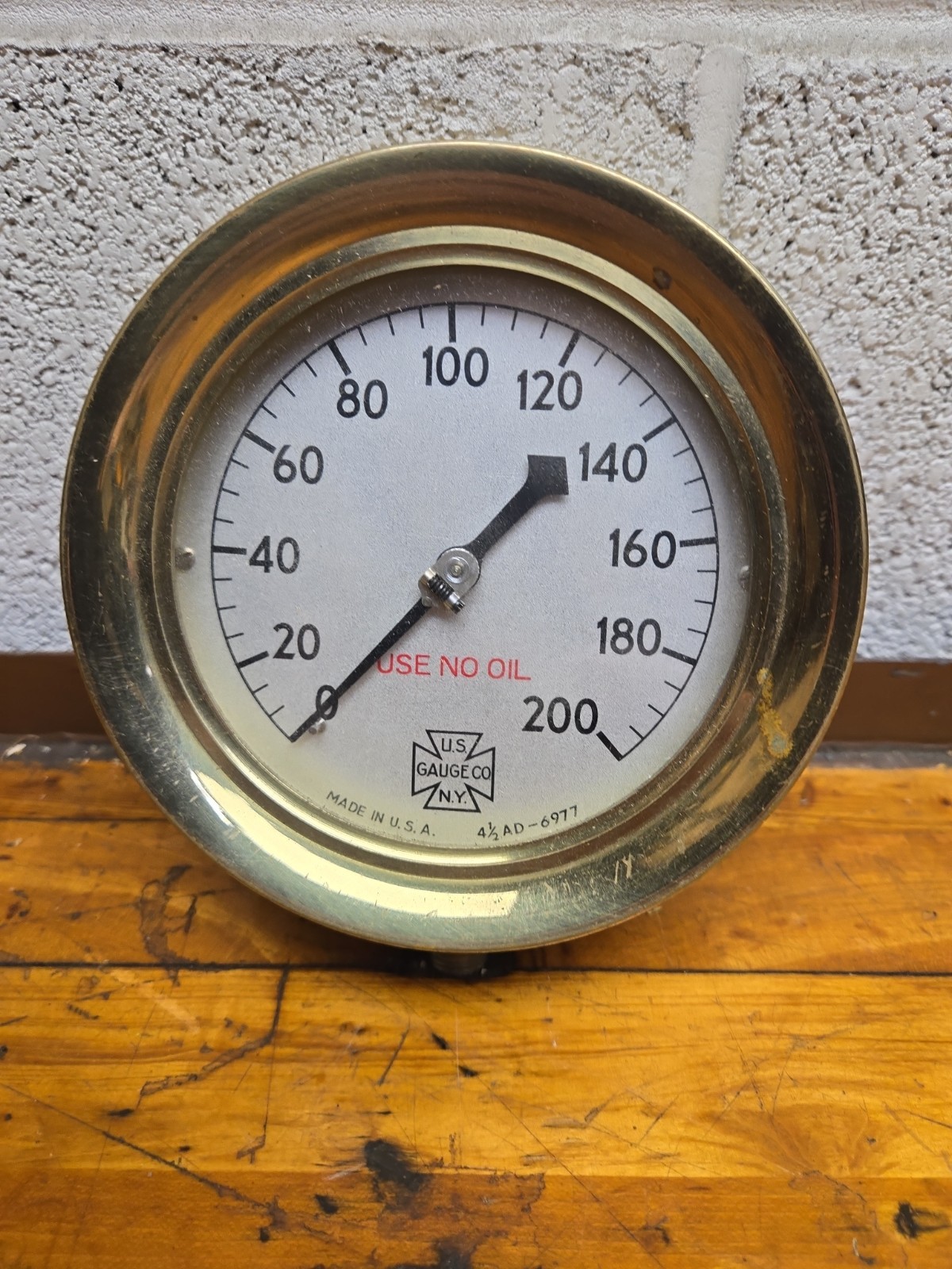 Vintage Industrial U.S. Gauge Co. 4-1/2″ Brass 200PSI Steam Pressure Gauge NOS