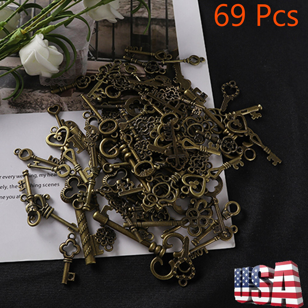 69 Pcs Set Antique Vintage Old Look Ornate Skeleton Key Fancy Heart Bow Decor US