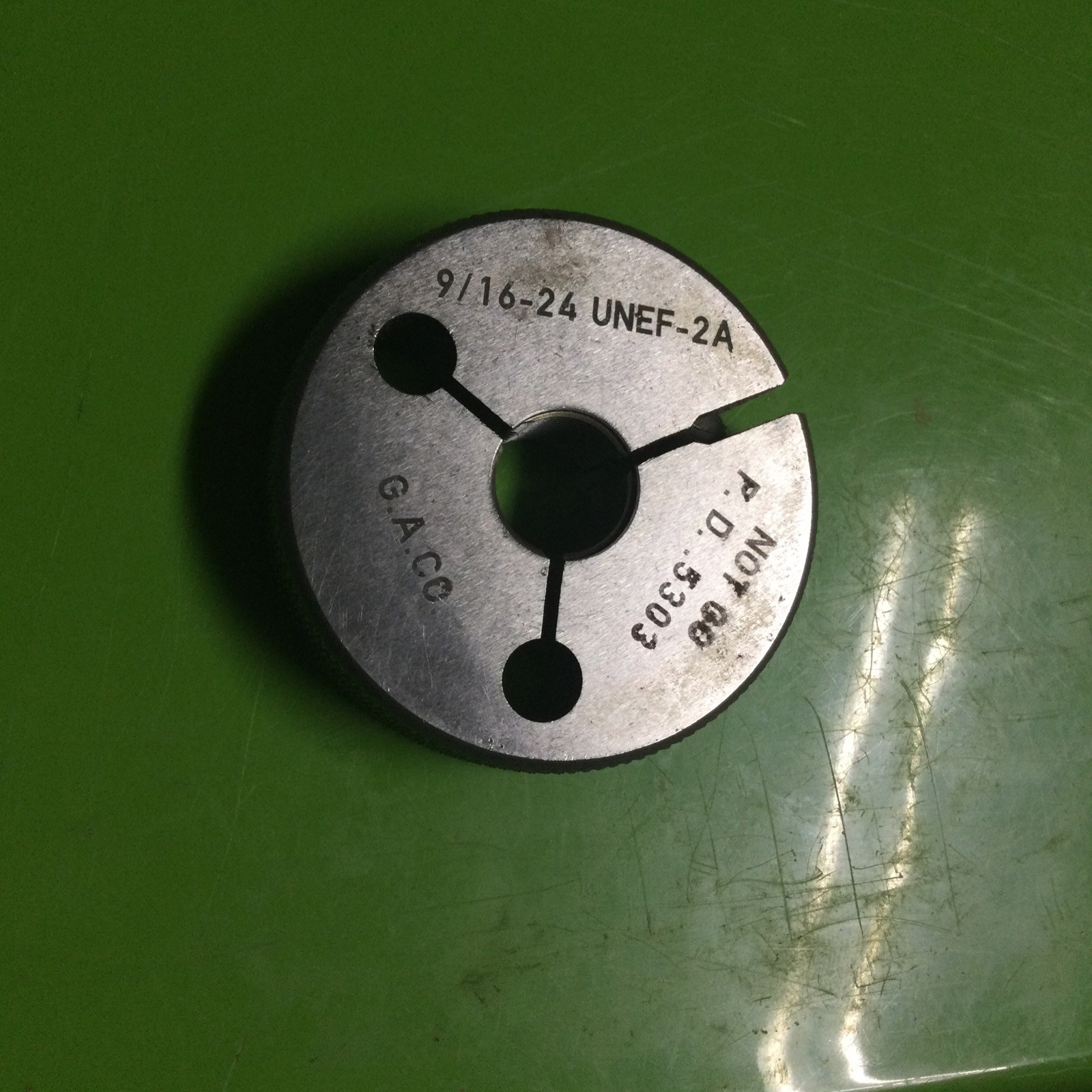 G.A.CO. 9/16-24 UNEF 2A THREAD RING GAGE .5625 NO GO ONLY P.D. = .5303 (F26)