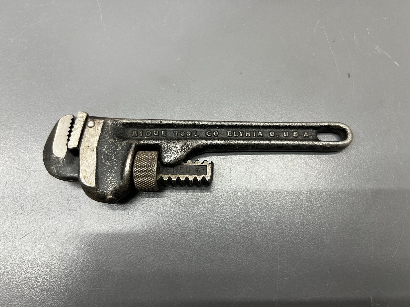 (e) VINTAGE RIDGID RIDGE TOOL CO. 6″ HARDENED PIPE WRENCH – ELYRIA, OH USA – EXC