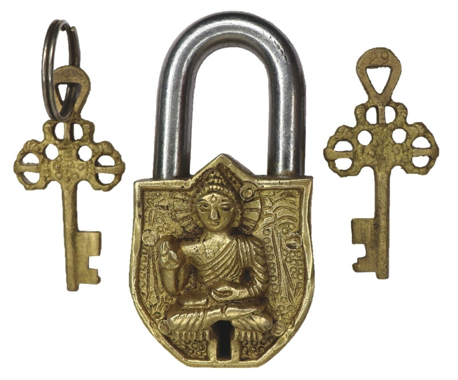 Lord Buddha Antique Style Door Lock Handmade Brass Padlock With Working Keys