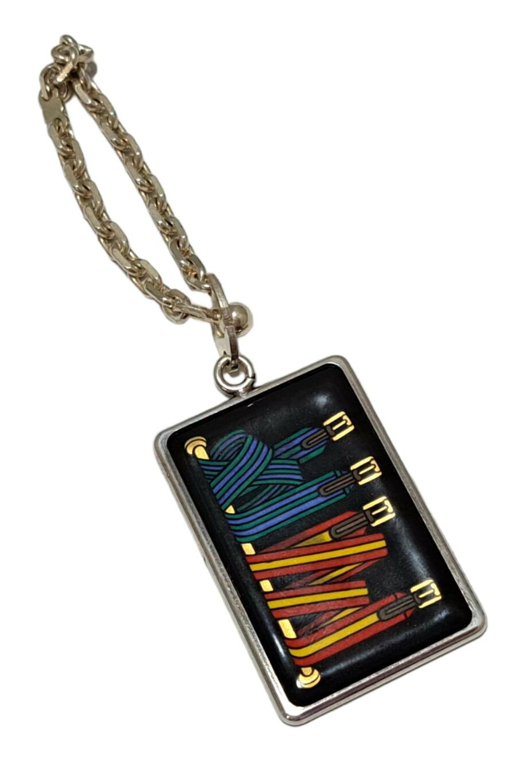Authentic Hermes Enamel Keychain Key Ring Silver Cloisonné Stainless Steel SV925