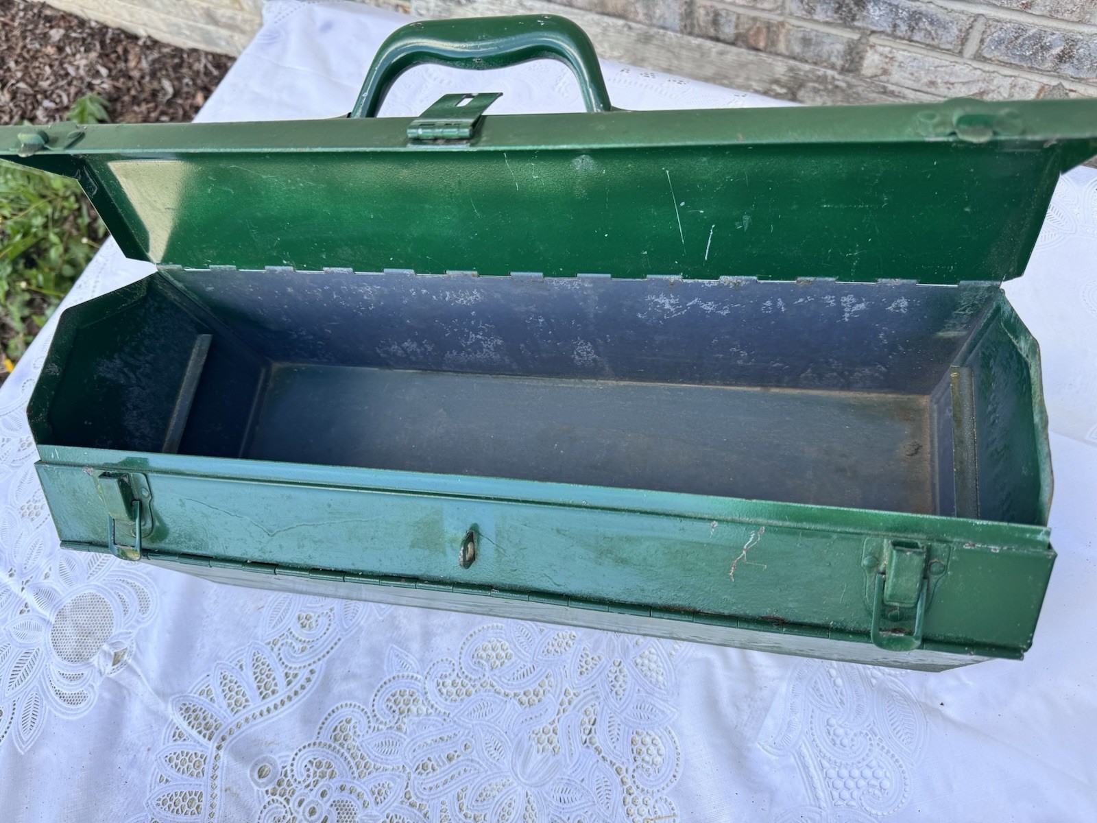 Vintage Tombstone Heavy Duty Split Top Metal Tool Box With Tray