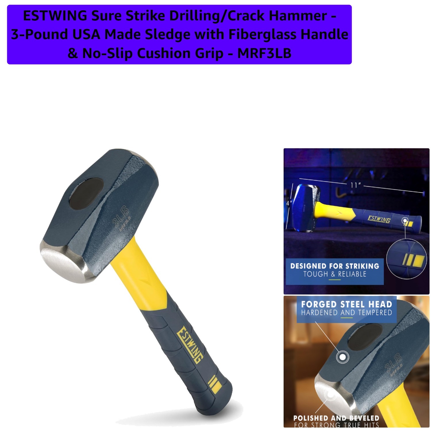 Sure Strike 3-Lb Sledge Hammer with Lightweight Fiberglass Handle for Easy Use