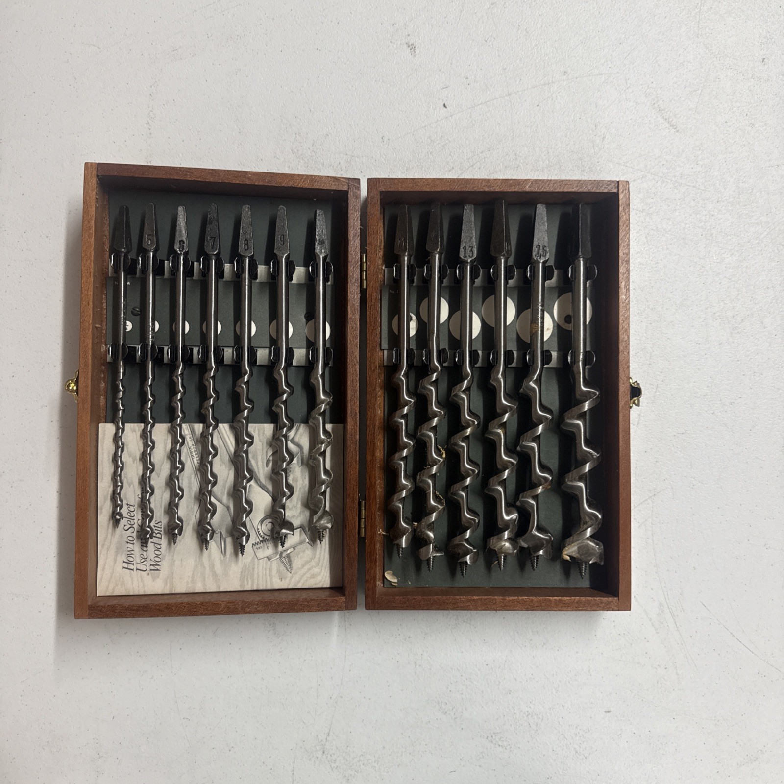 VTG Irwin Auger Bit Set 13 Pc Wood Case Brace Hand Drill Jennings W/ Manual USA