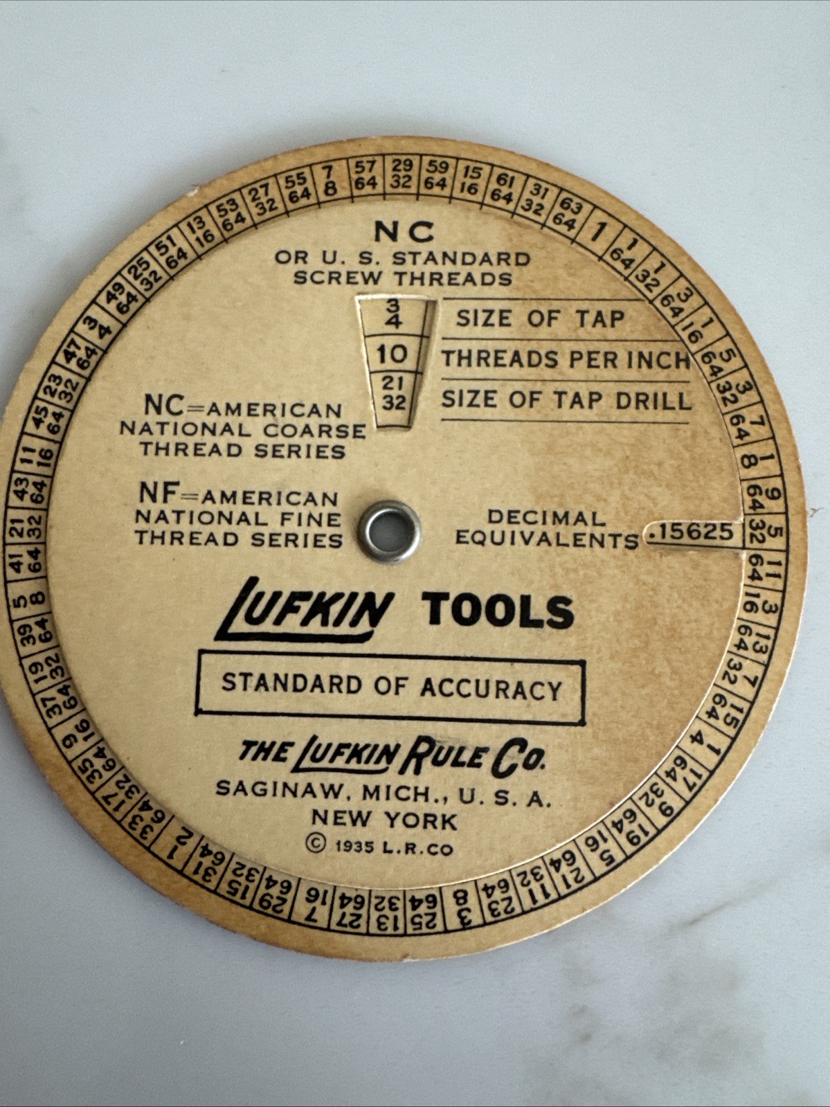 Vintage 1935 Lufkin Tools Wheel Chart Calculator Screw Threads Tap Drill Sizes