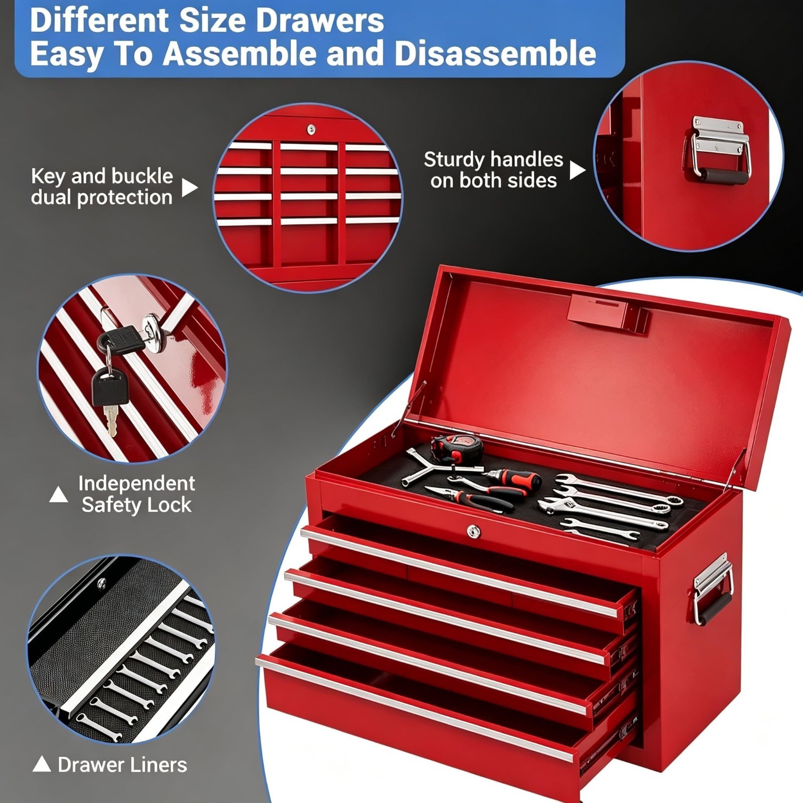 5-Drawer Rolling Tool Chest Storage Cabinet with Detachable Top for Warehouse