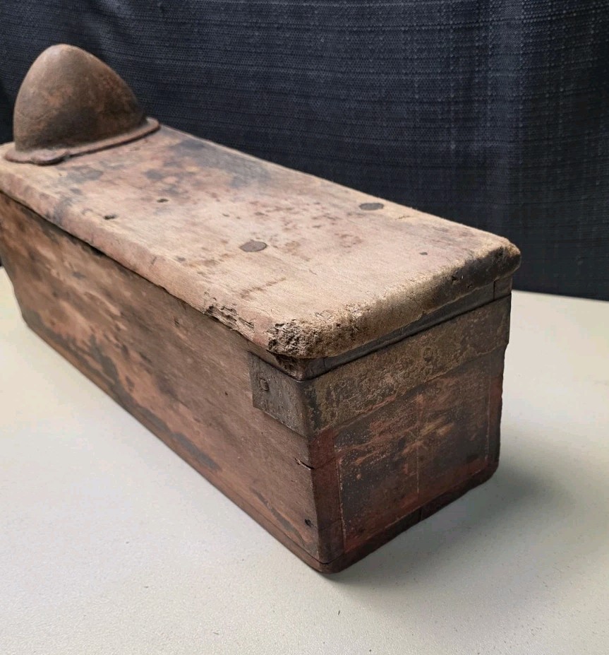 Antique Primitive Wood & Metal Farm Tractor Tool Box Oil Can Anti Tip Cone