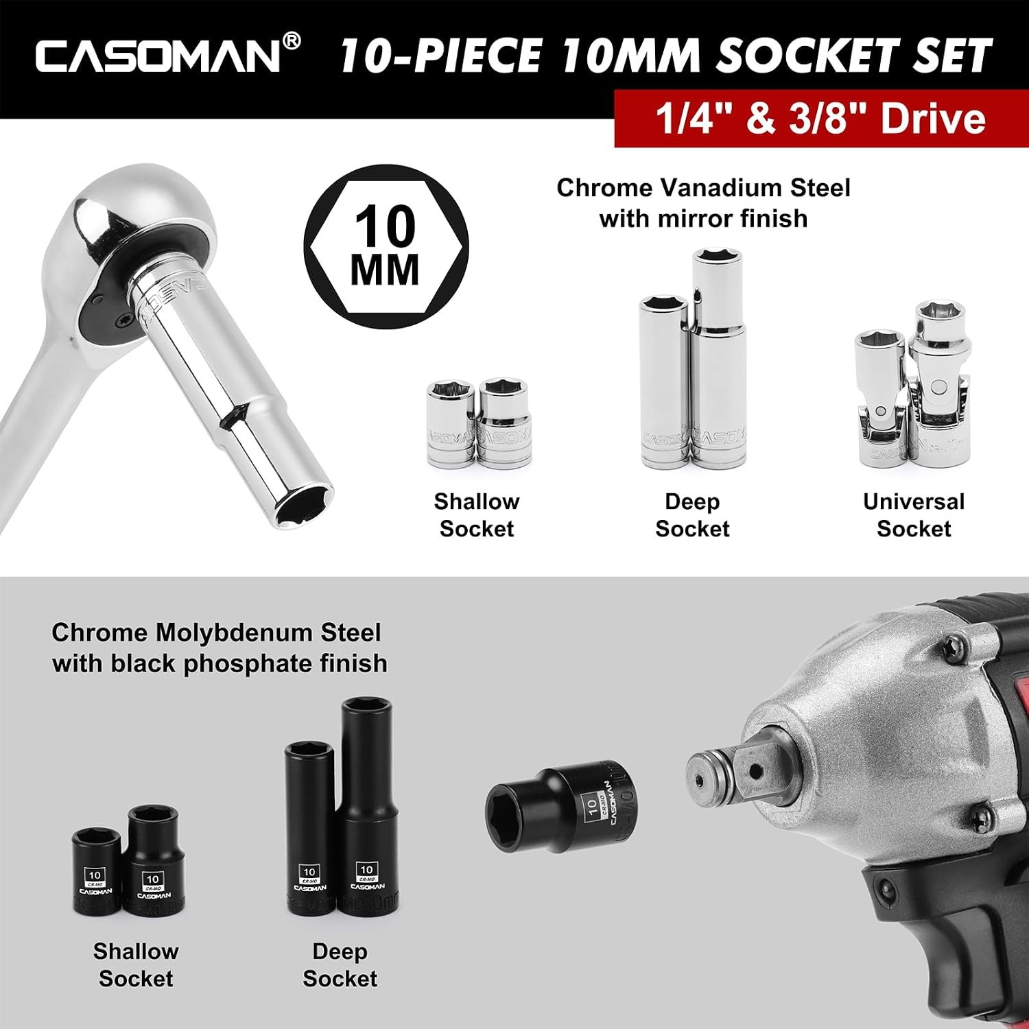 10-Piece Shallow Deep Impact Socket & Flex Socket Set – 10mm, 1/4″ & 3/8″ Drive,