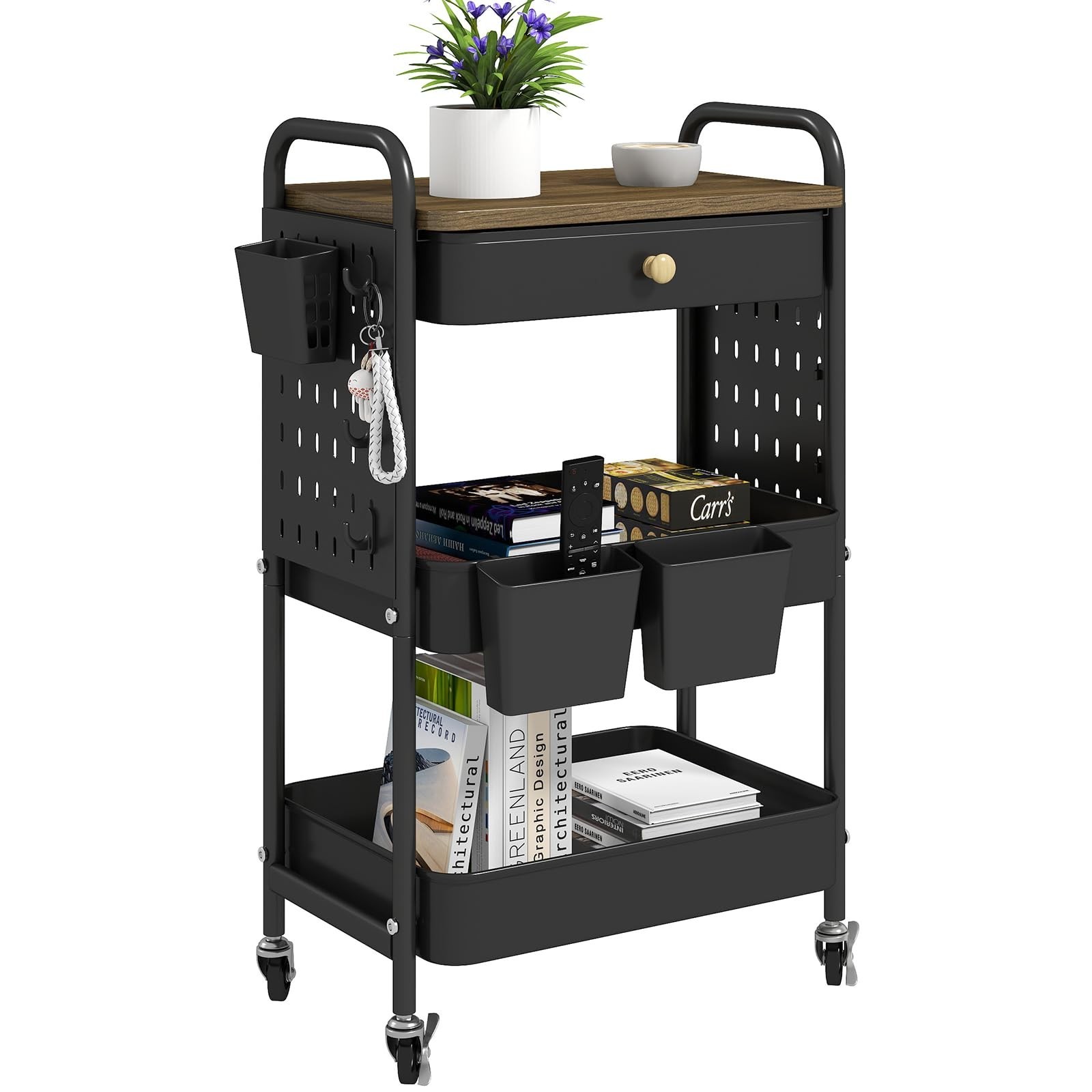 danpinera 3-Tier Rolling Cart, Metal Rolling Storage Cart with Wooden Table T…