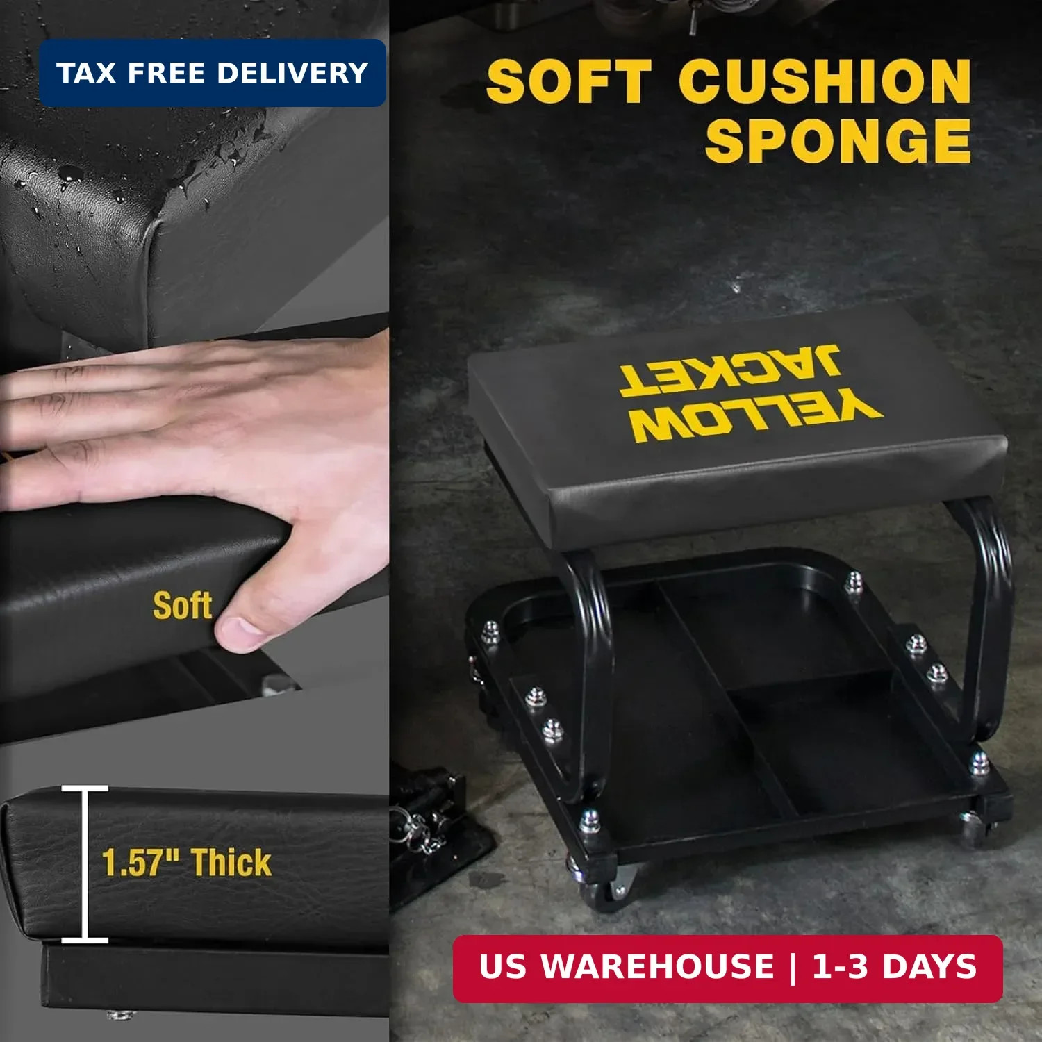 YELLOW JACKET Mechanic Rolling Stool 250 Lbs Capacity, Garage Stool on Wheels wi