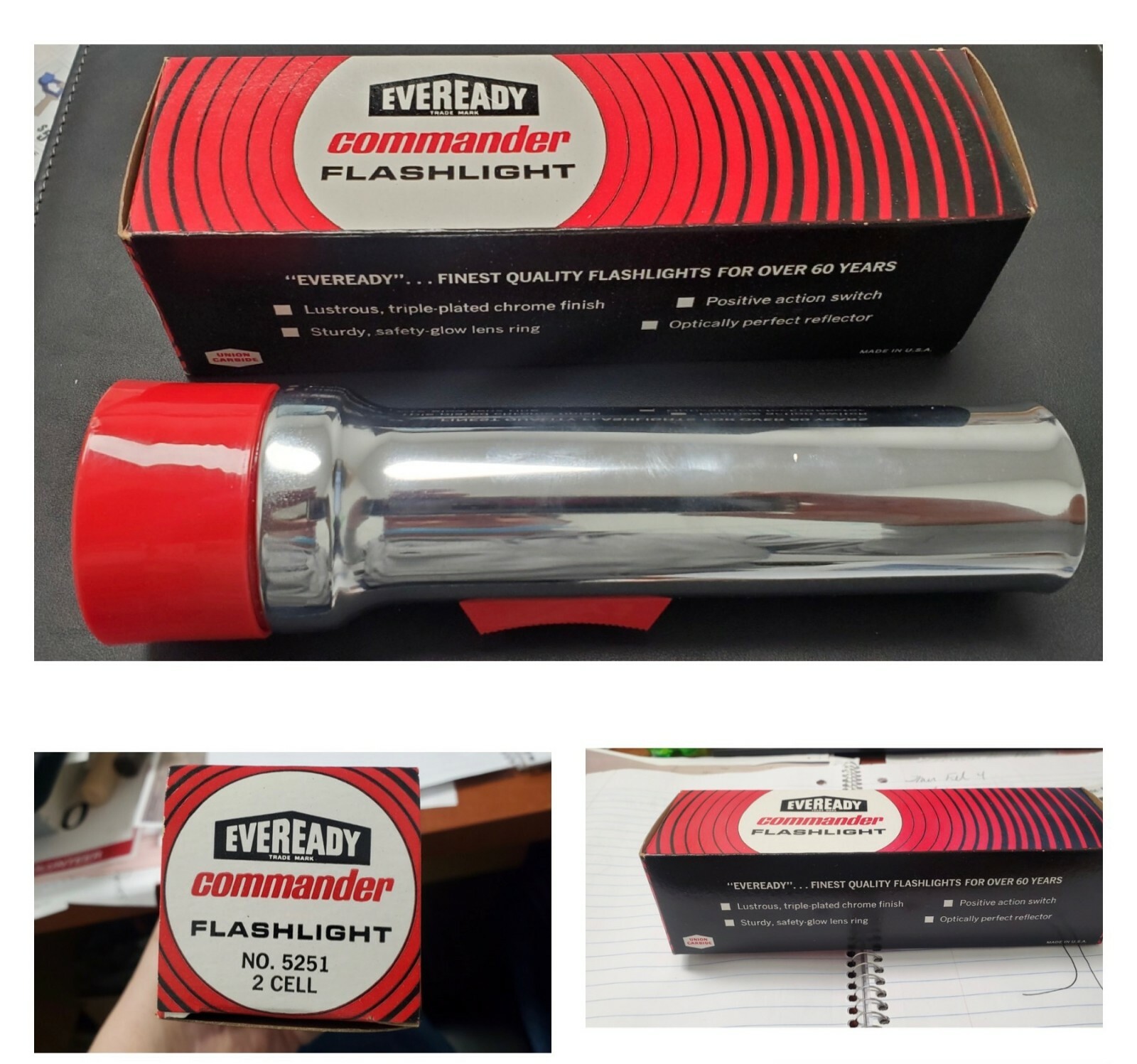 2-Vintage NOS Eveready 5251 2 D Cell Commander Flashlight Light 1950 1960 Camper