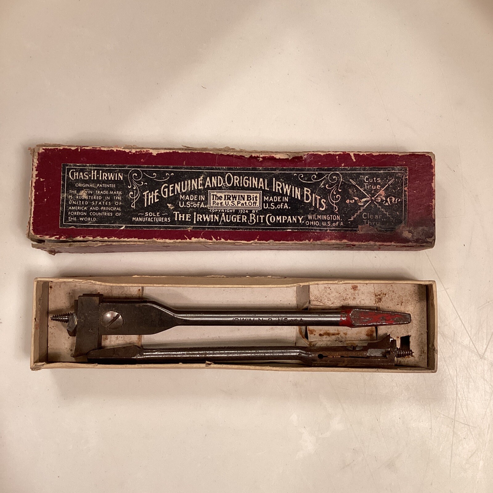 IRWIN AUGER BIT CO. AUGER EXPANSIVE BIT No 1 + 2 IN THE ORIG. BOX