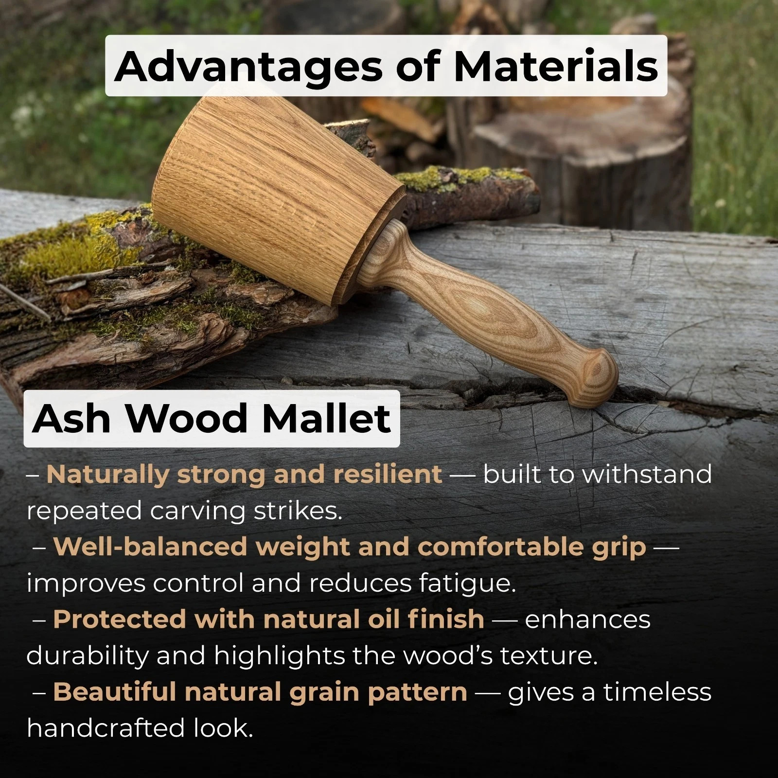 Wooden Mallet 8.27in Ash Wood Hammer for Chisels Carving Woodworking 2.95in Head