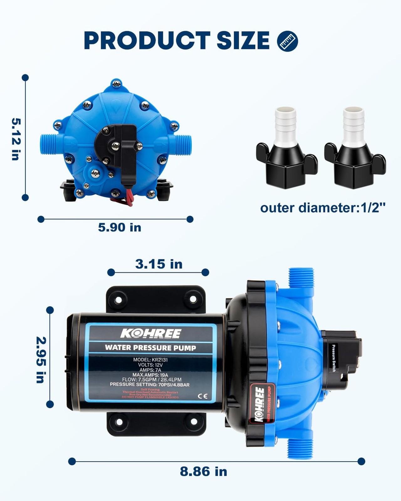 2026 Upgraded Kohree RV Fresh Water Pump 7.5GPM 70PSI, 12V DC Water Pump, Sel…