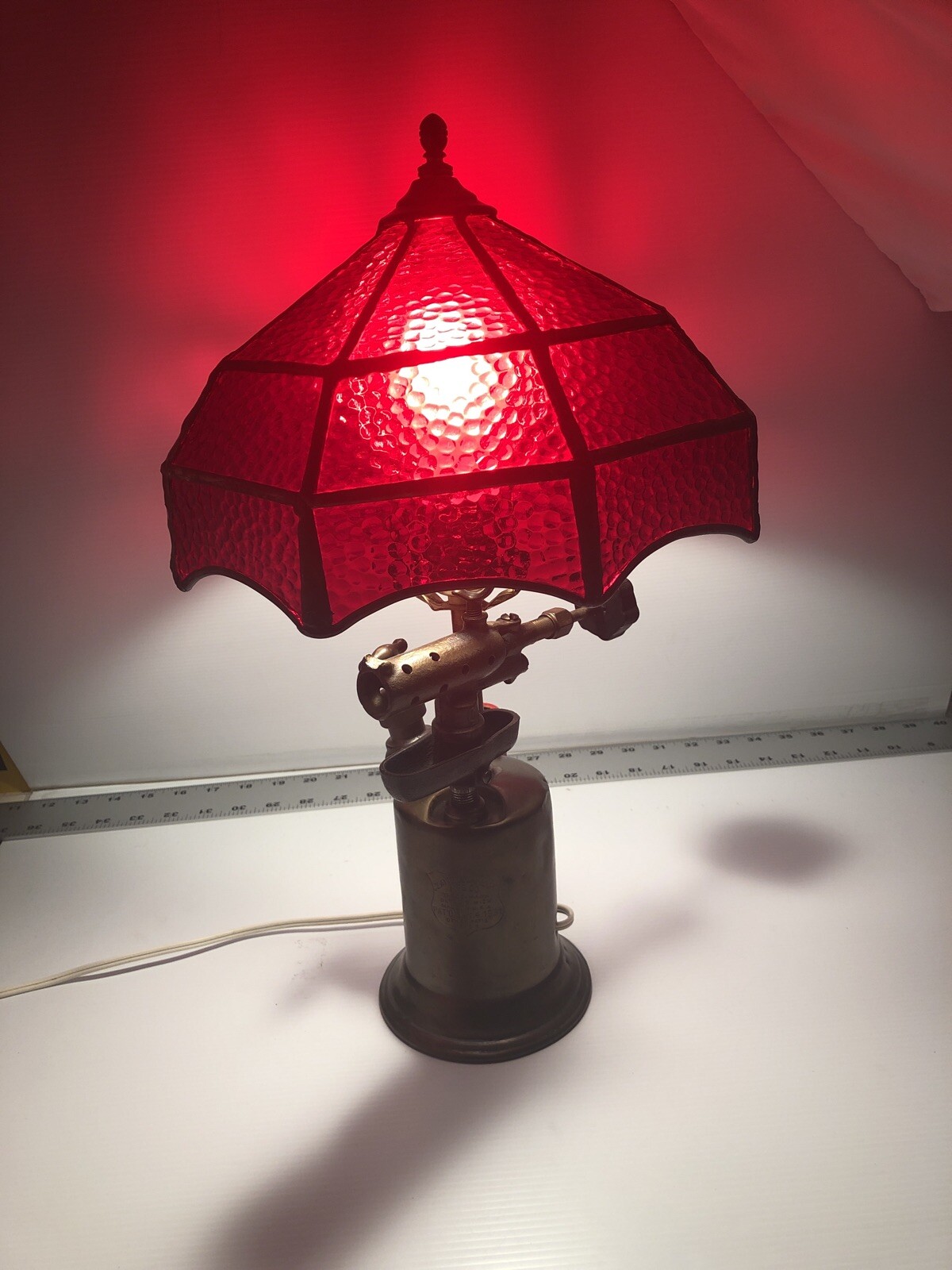 Vintage Clayton & Lambert Brass Blow Torch Lamp Ruby Red Stain Glass Shade