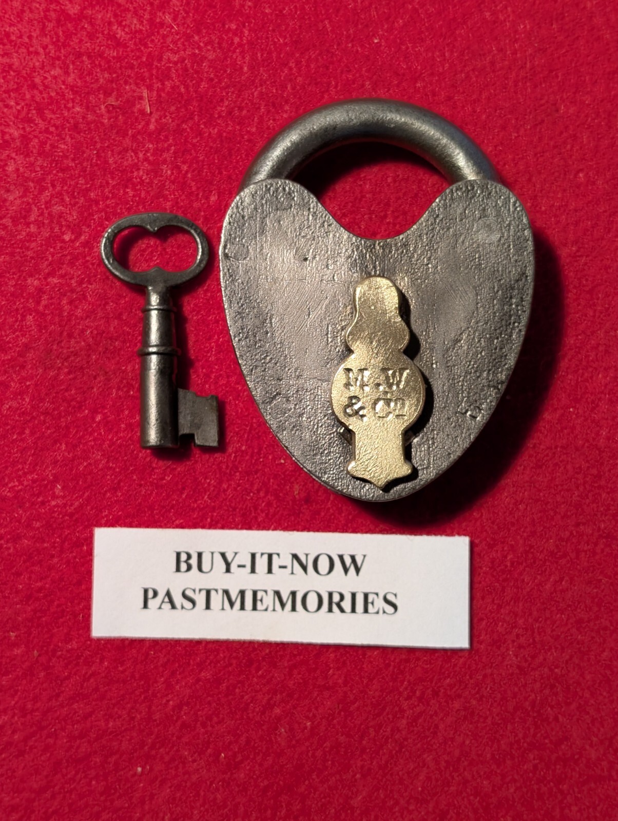 1880’s “MALLORY WHEELER” IRON HEART PADLOCK w/ KEY, VINTAGE ANTIQUE LOCK LOT #47