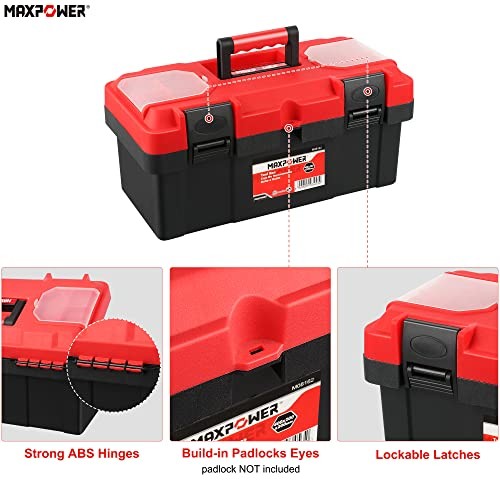 Tool Box 16 inch, Plastic Small Tool Box with Latch and Removable 16″ red