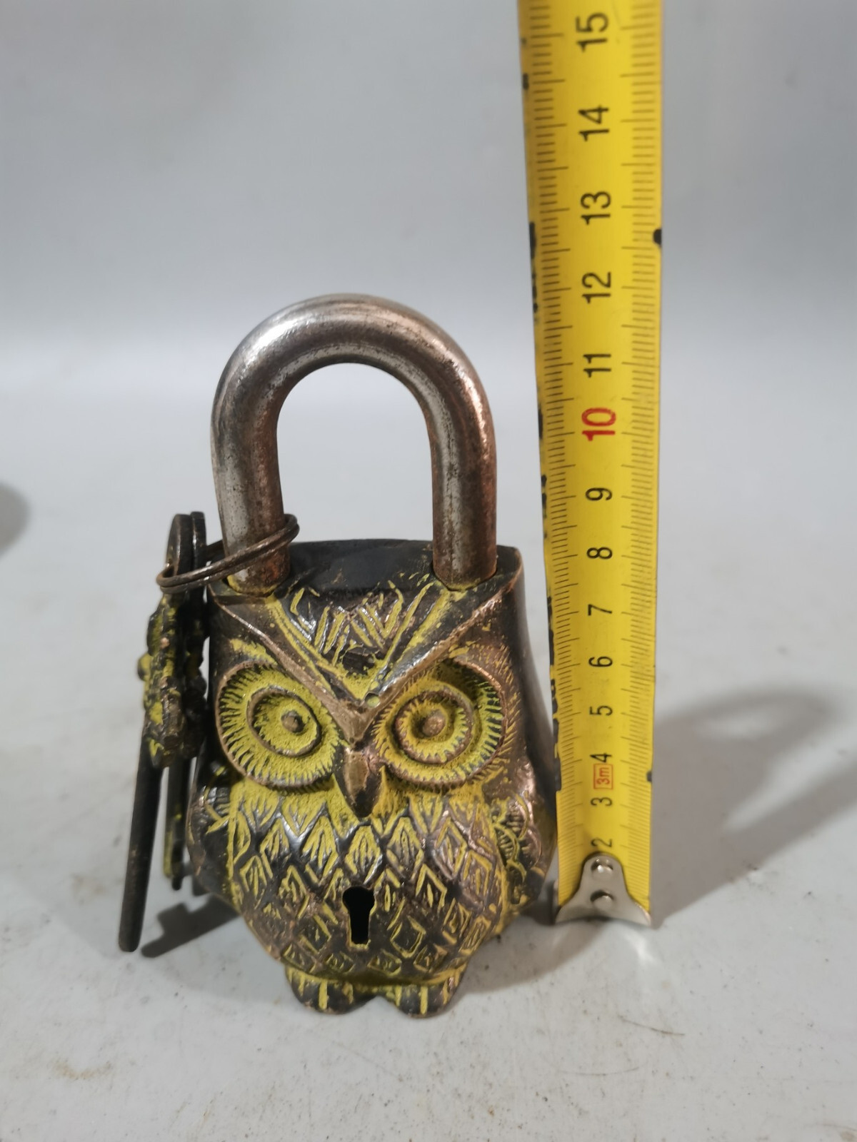 5″ Collect Old Style bronze copper carved Owl statue padlock lock and key
