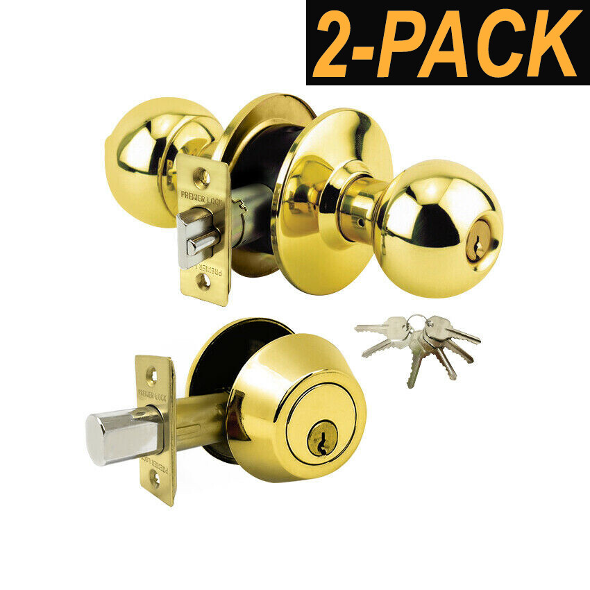 2PK Grade 3-Combo Lock Set Entry knob+Deadbolt Keyed Alike Brass+12 Keys GR3ED02