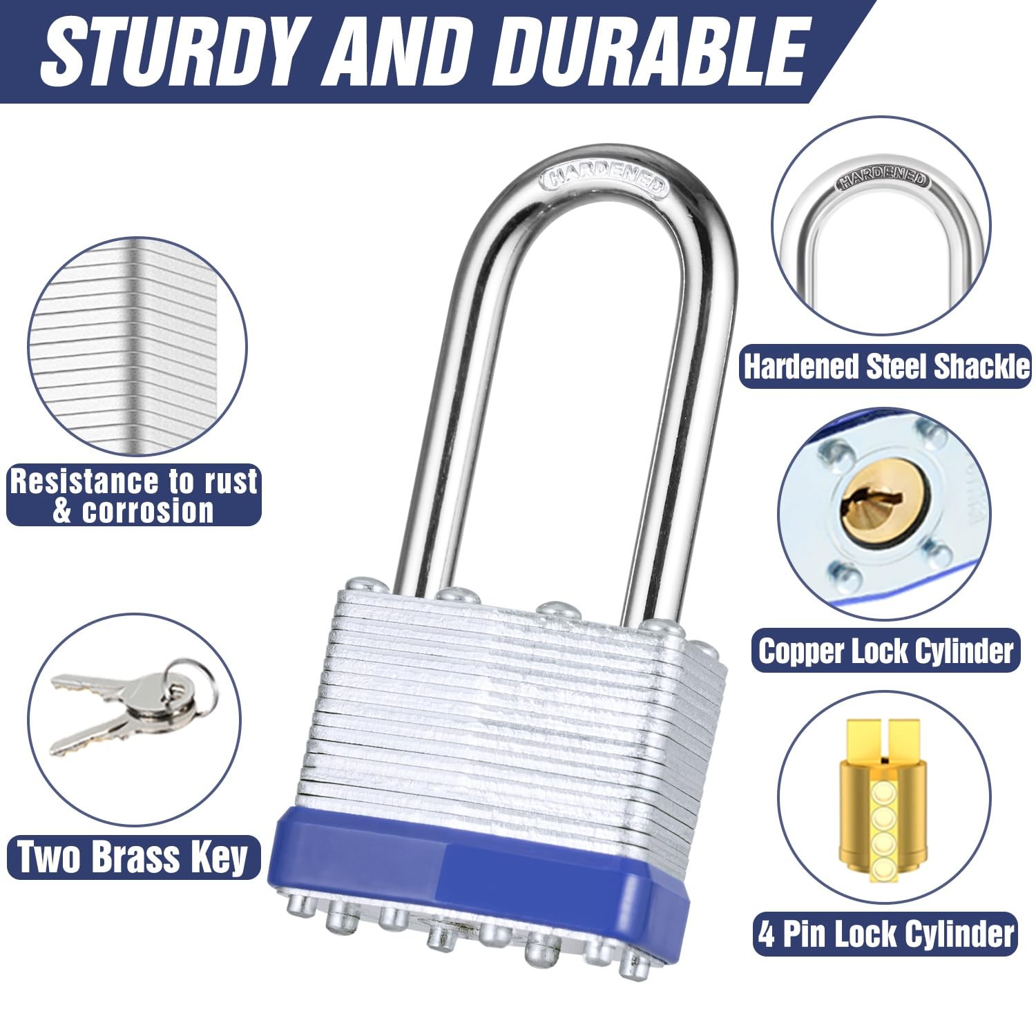 6Pcs Padlocks with Same Keys,Laminated Steel Blue Silver(1-9/16″,40mm),Long S…