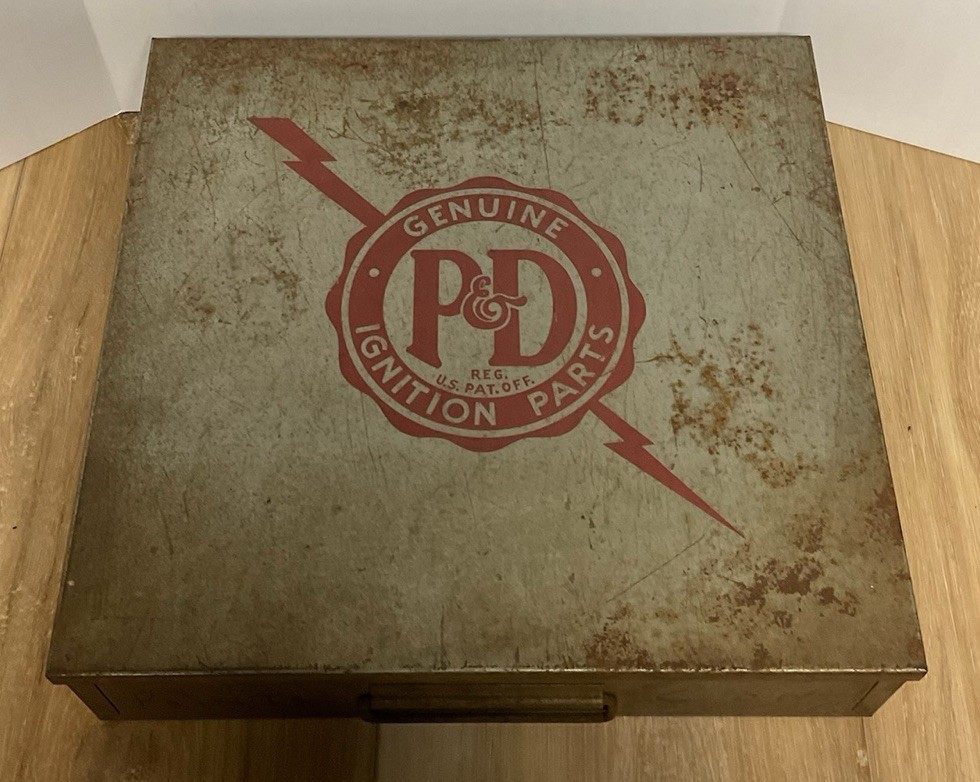 Vintage P&D Genuine Ignition Parts Box Metal Advertising Storage Case USA