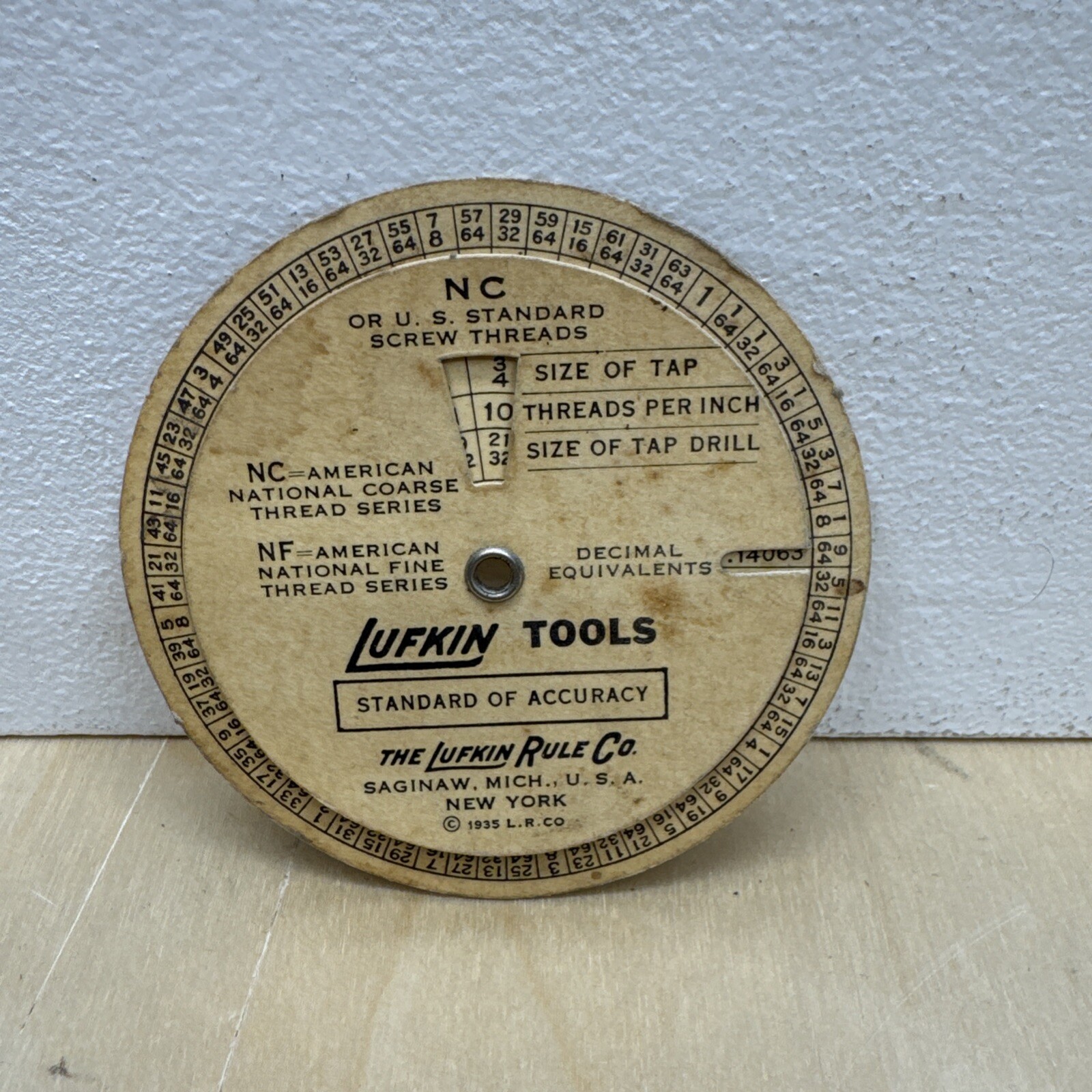 Vintage 1935 Lufkin Tools Wheel Chart Calculator Screw Threads Tap Drill Sizes