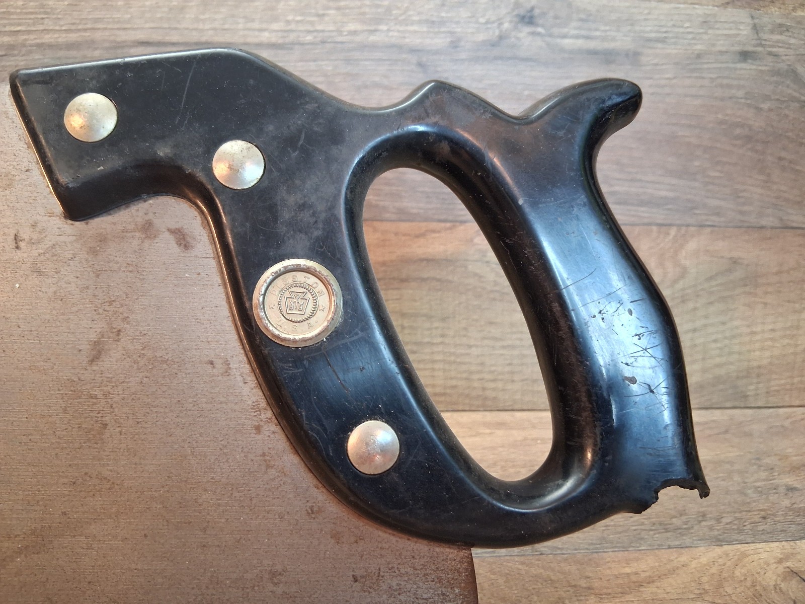 Disston D-111 Circa 1960 Black Nylon Handle Etched Saw 26″