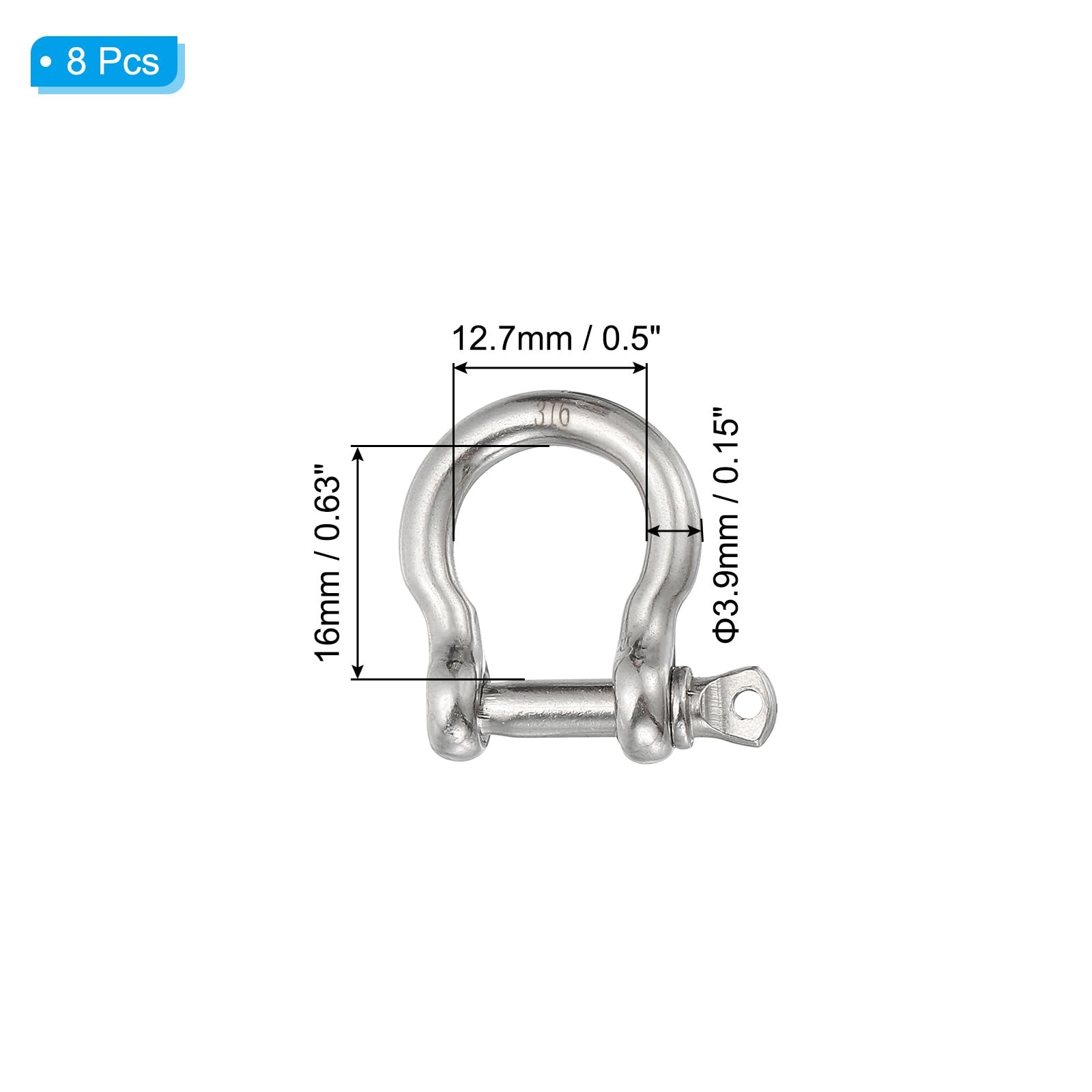 PATIKIL Screw Pin Shackle 3.9mm 1/8″ 220lb, 8Pcs 316 1/8 Inch, Silver