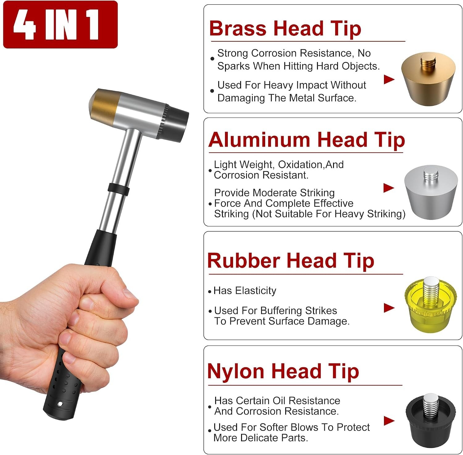 Small Brass Hammer with 4 Interchangeable 1-Inch Heads: Brass, Nylon, Aluminu…