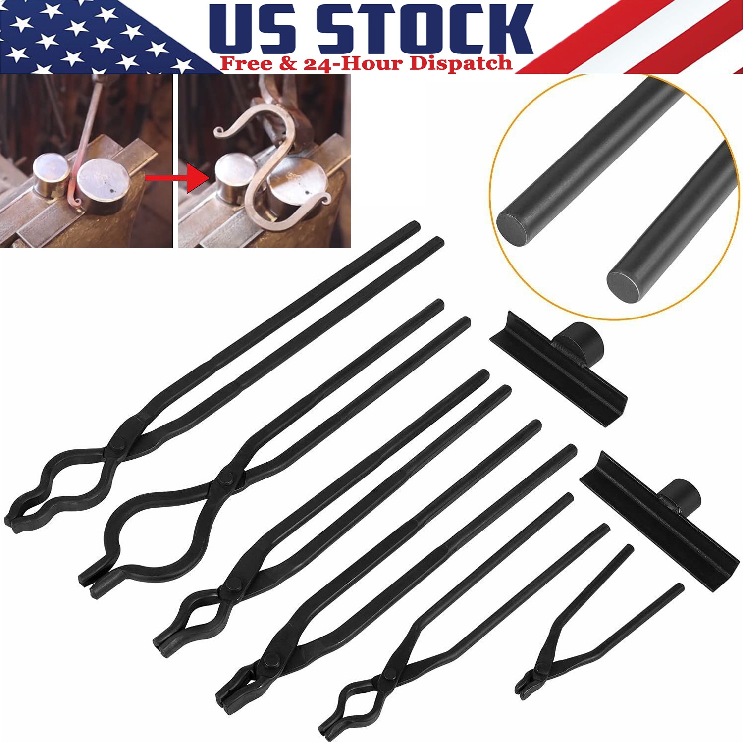 8pcs Blacksmith Tongs Set Flat Jaw Railroad Spike Bolt Hook Jig V-Bit Blade Tong