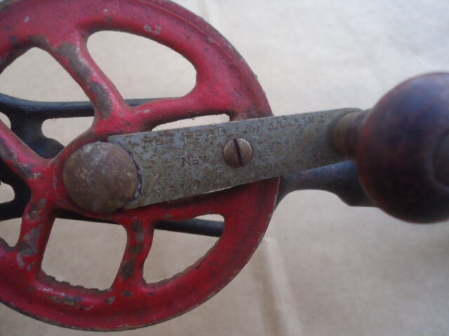 Red Head No 110 11” Vintage Manual Hand Crank Drill with Wood Handle Made in USA