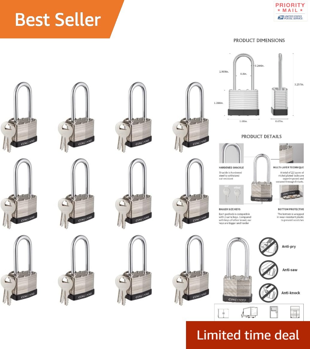 Key Lock Padlocks 12 Count 40mm Wide Body Weather Resistant Steel Long Shackle