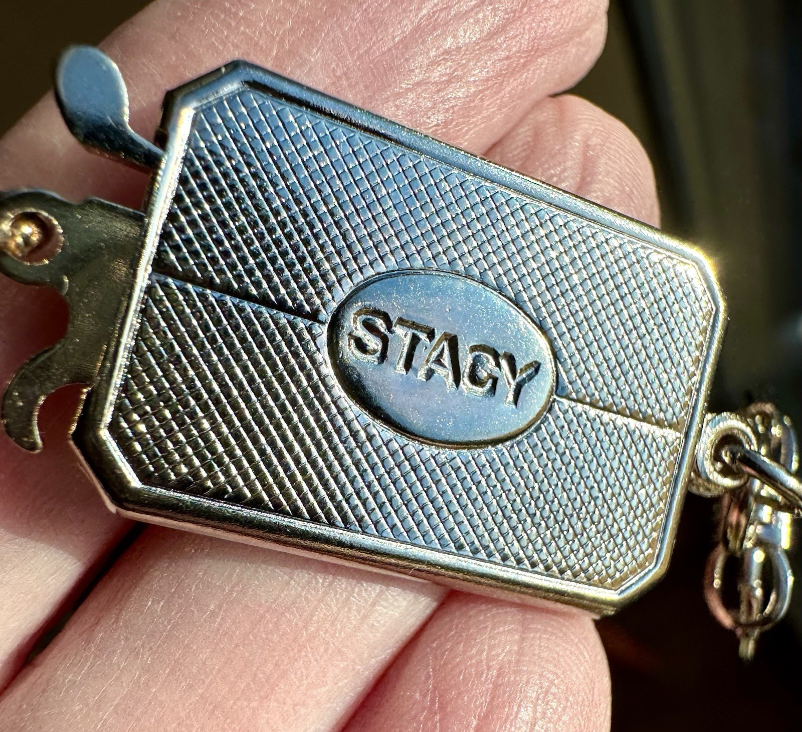 Vintage Double Pull Apart Keychain Valet Fob Gold Tone Engraved “STACY”