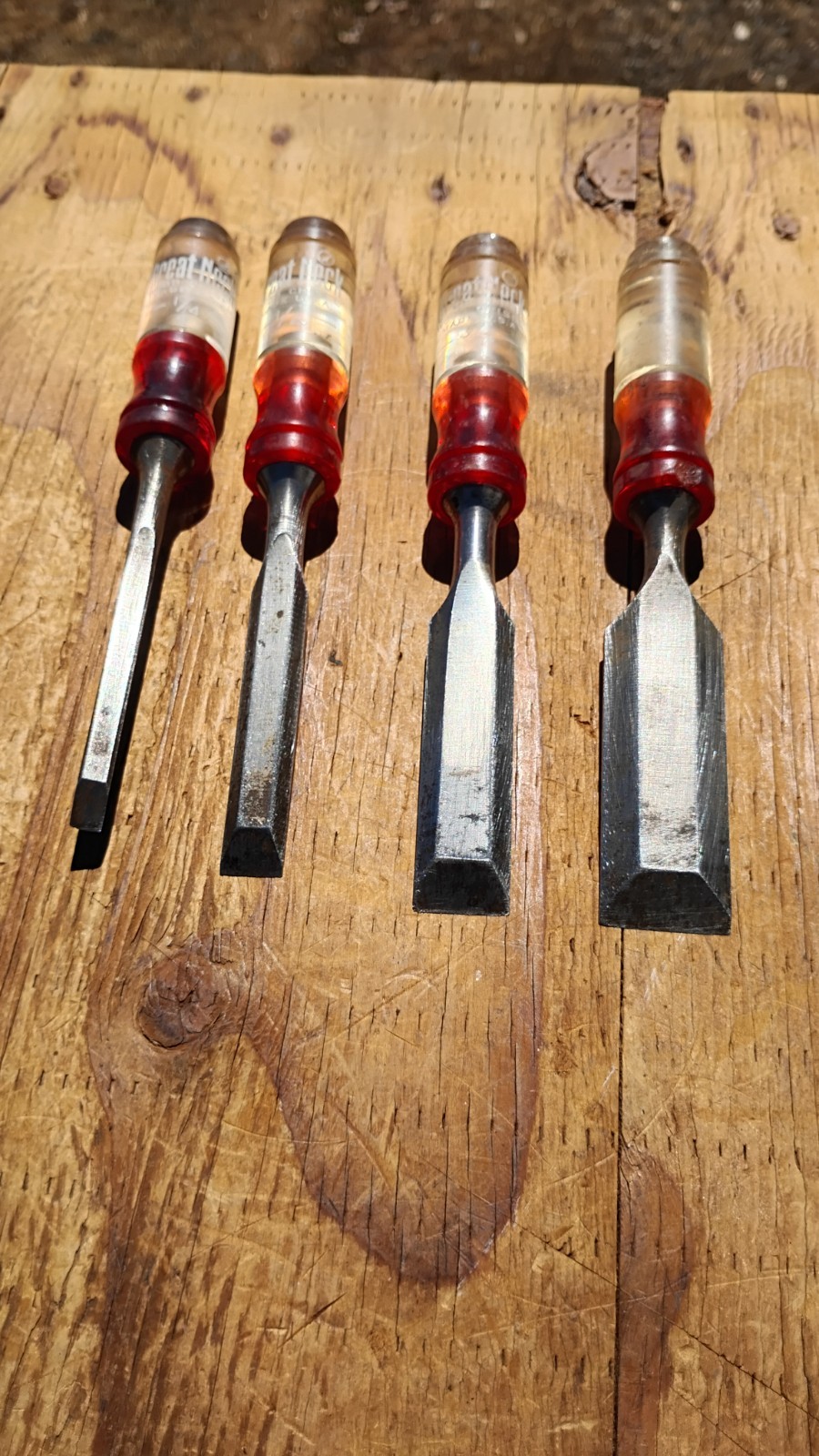 Lot Of 4 Great Neck Tools Wood Chisels 3/4”, 1/2”, 1/4” & 1″ made in USA