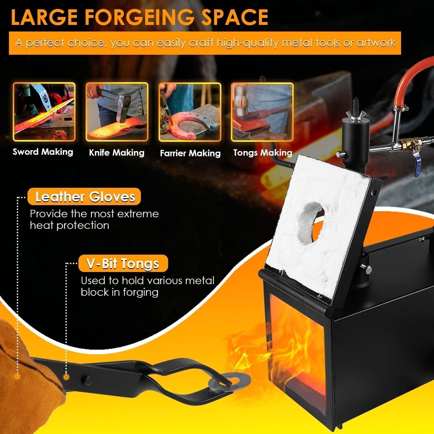 Propane Gas Forge Triple Burner with Two Doors, Bladesmith Tongs & Gloves