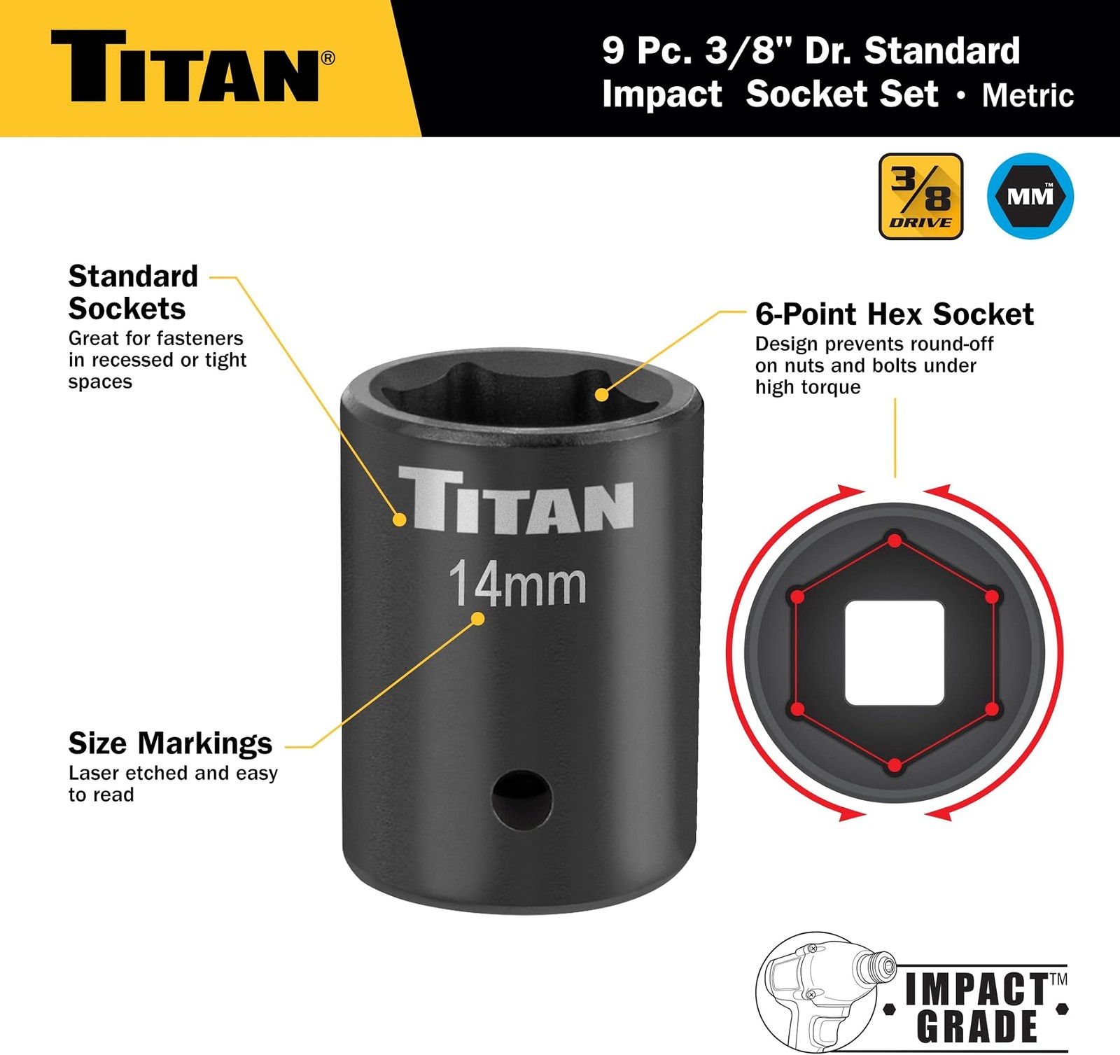 Titan 48201 9-Piece 3/8-Inch Drive Metric Shallow Impact Socket Set, 6-Point,…