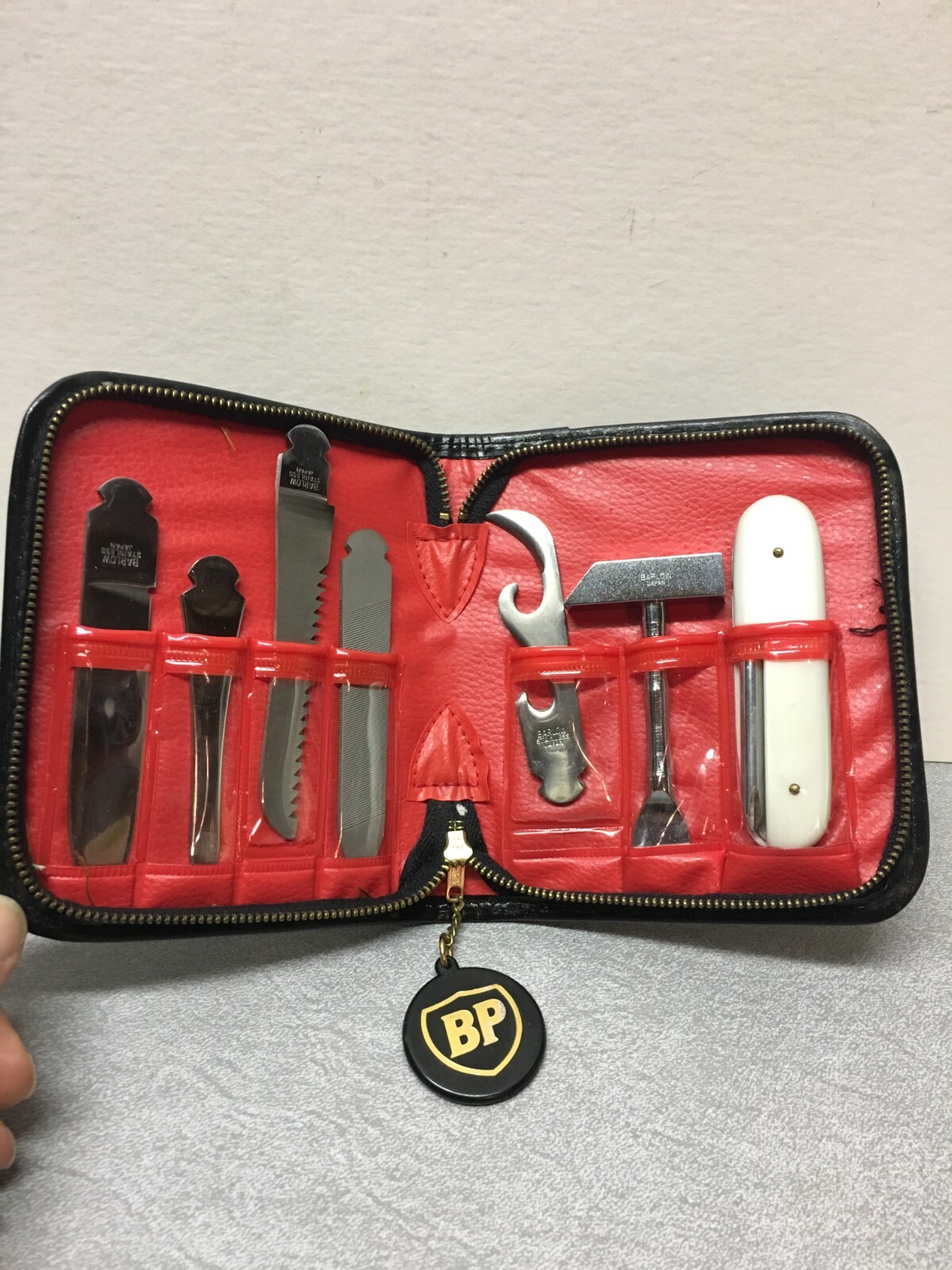 Vtg BARLOW Stainless Steel KNIFE 7 Pc Tool Set in Zipper Storage Pouch Japan