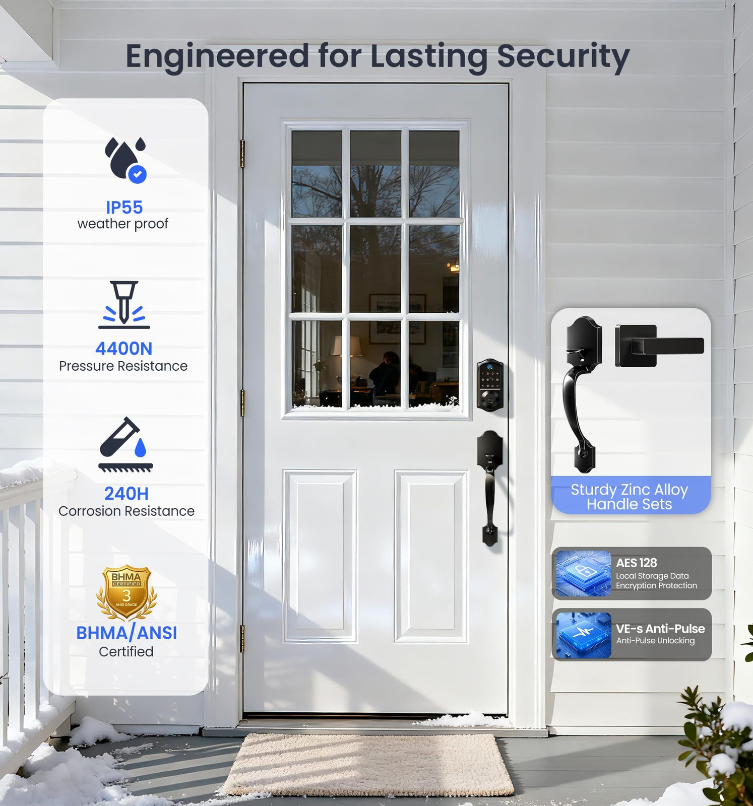 Veise VE017-H Fingerprint Smart Front Door Lock Set, App Control, Matte Black
