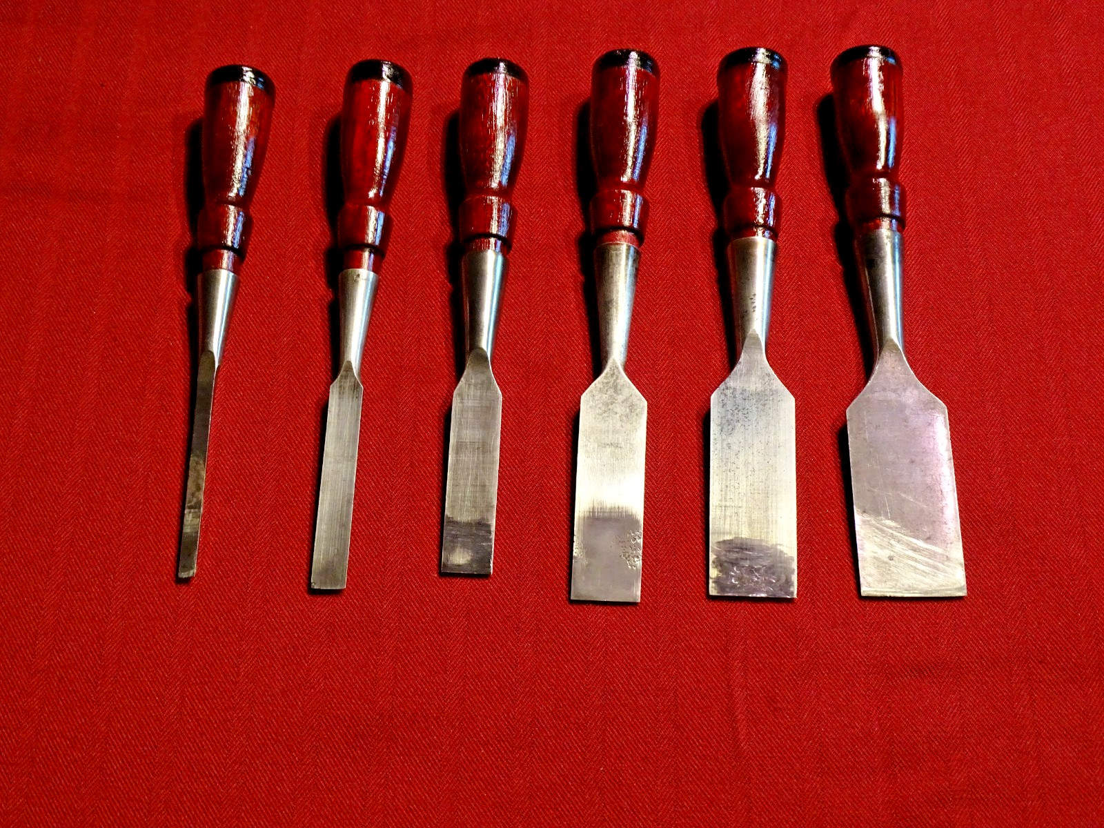 Stanley # 750 Six Piece Used Chisel Set in Stanley Vinyl Roll Decals Restored