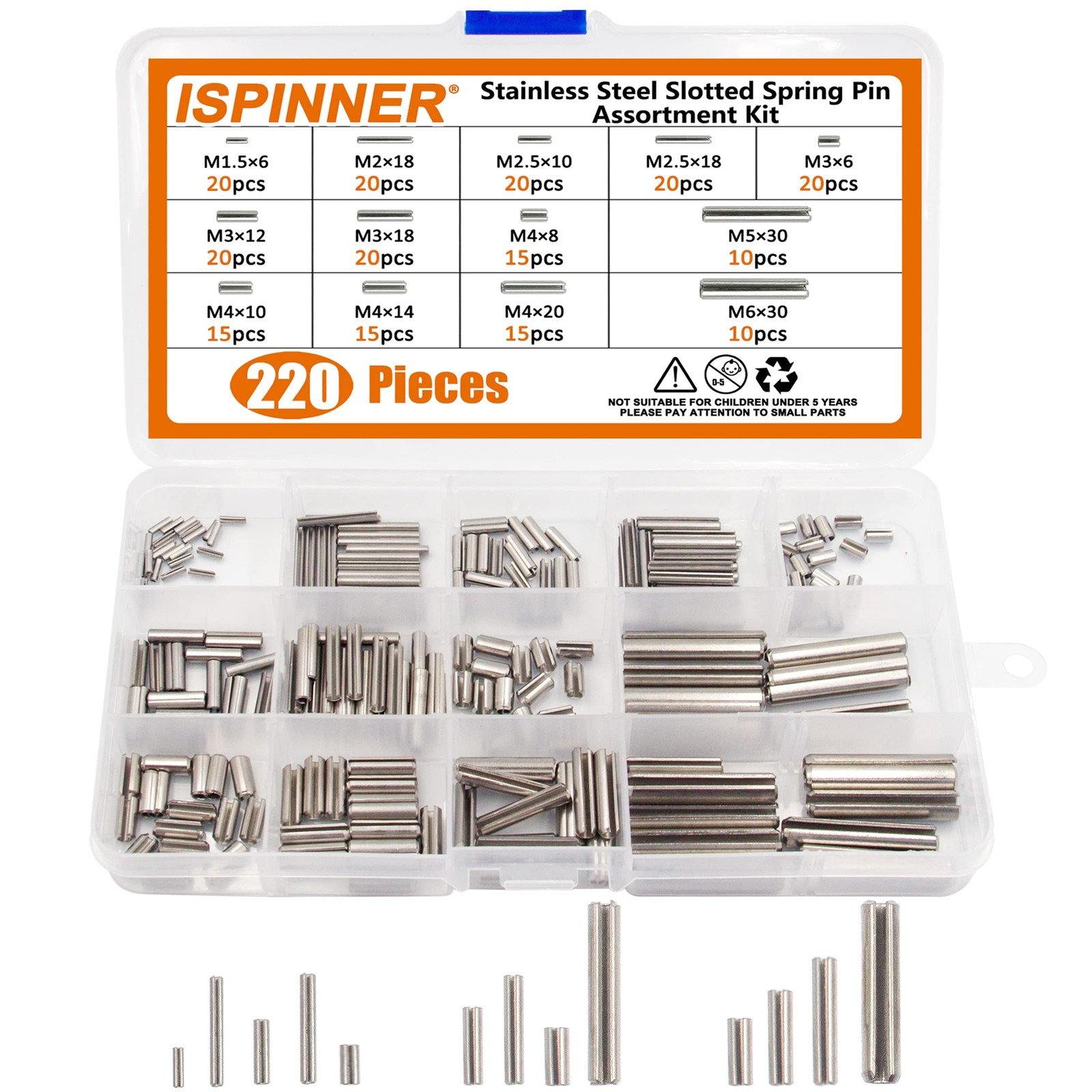 220pcs Roll Pin Set, Stainless Steel Slotted Spring Pin Assortment Kit M1.5 M2