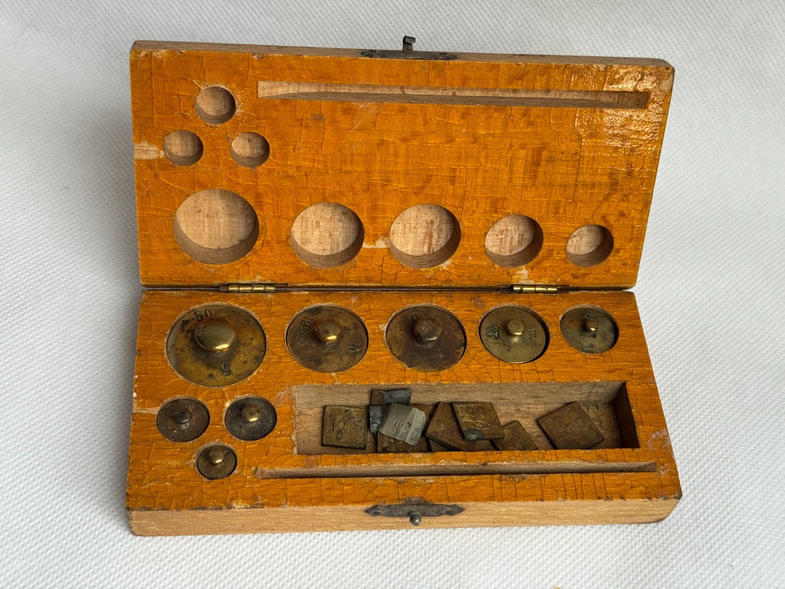 Vintage Brass Scale Calibration Balance Weight Set in Grams in Wooden Box