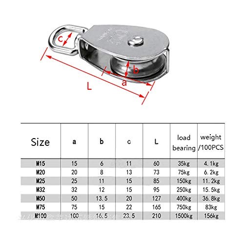 1-Pack M50 Single Pulley Block Stainless Steel Heavy Duty Hardware Wheel Swivel