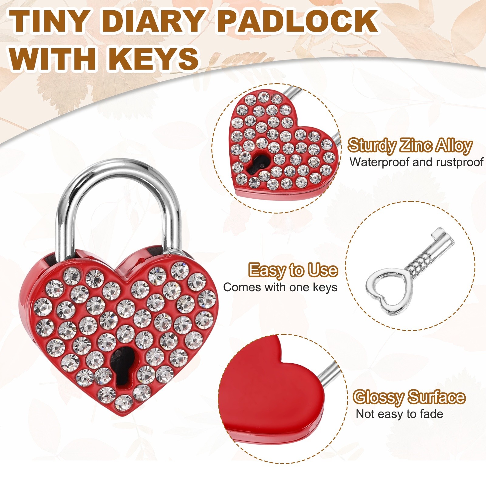 Mini Diary Padlock, Small Heart-shaped Lock with Keys Red