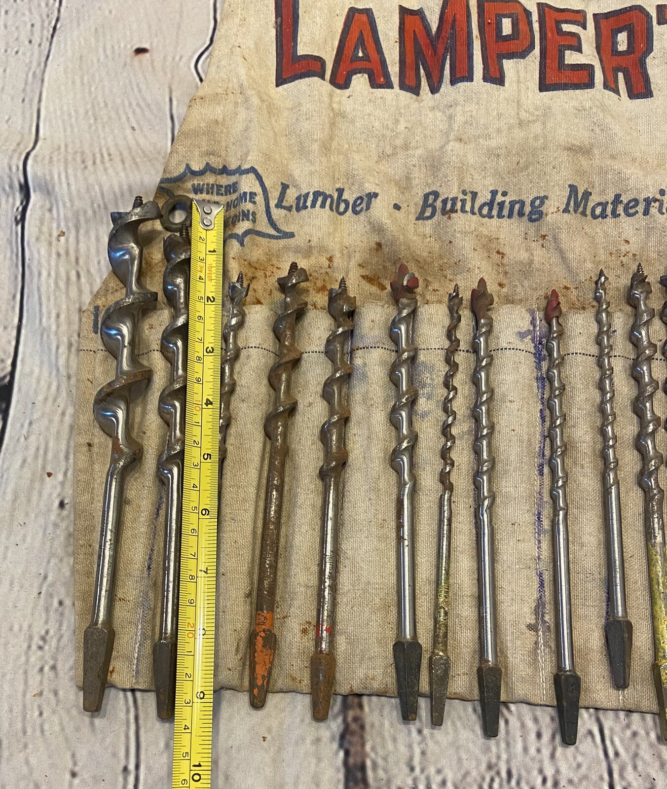 Vintage Lampert’s Lumber Yard Drill Bits Apron Construction Canvas Lot 19 Bits