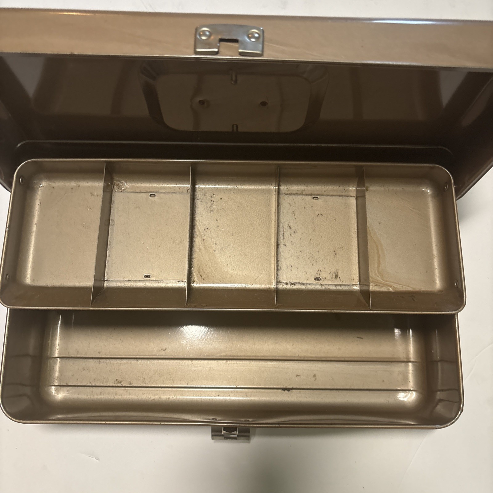 Vintage Liberty Steel Chest Corp 6665 USA Tool Tackle Box w/ Ruler Brown Read