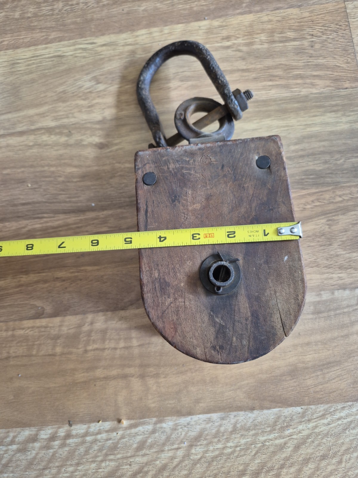Myers Antique Vintage Wood Block And Tackle Pulley With Metal eye U Bolt