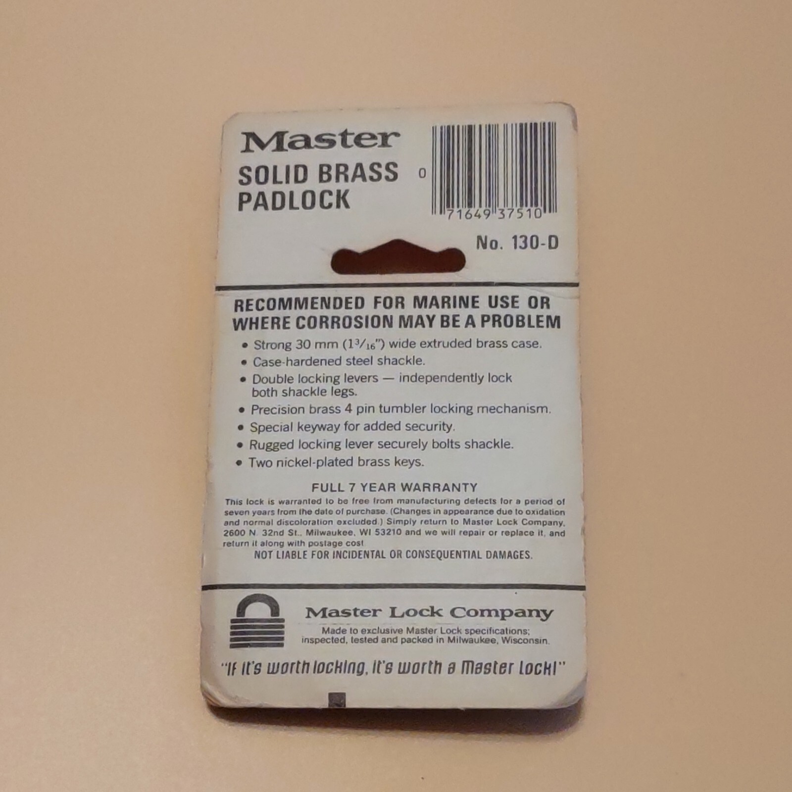 Vintage MASTER LOCK Solid Brass Padlock & Key Marine Use No. 130-D Deadstock